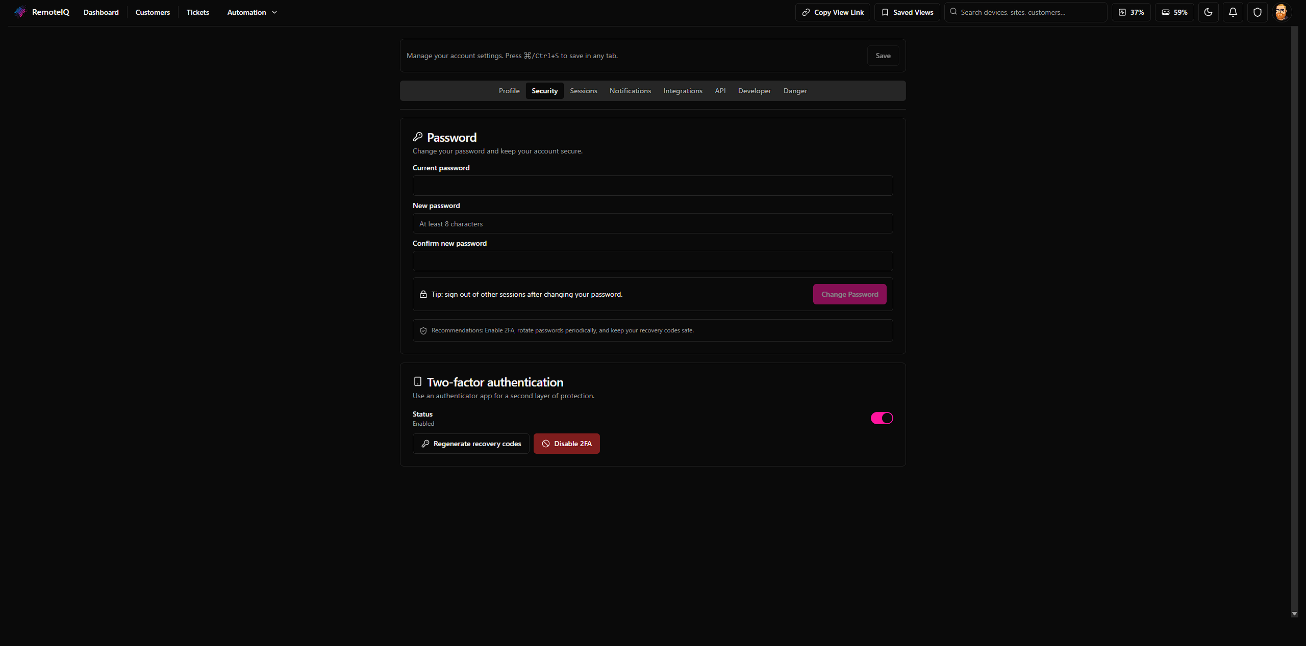 Two-factor security settings